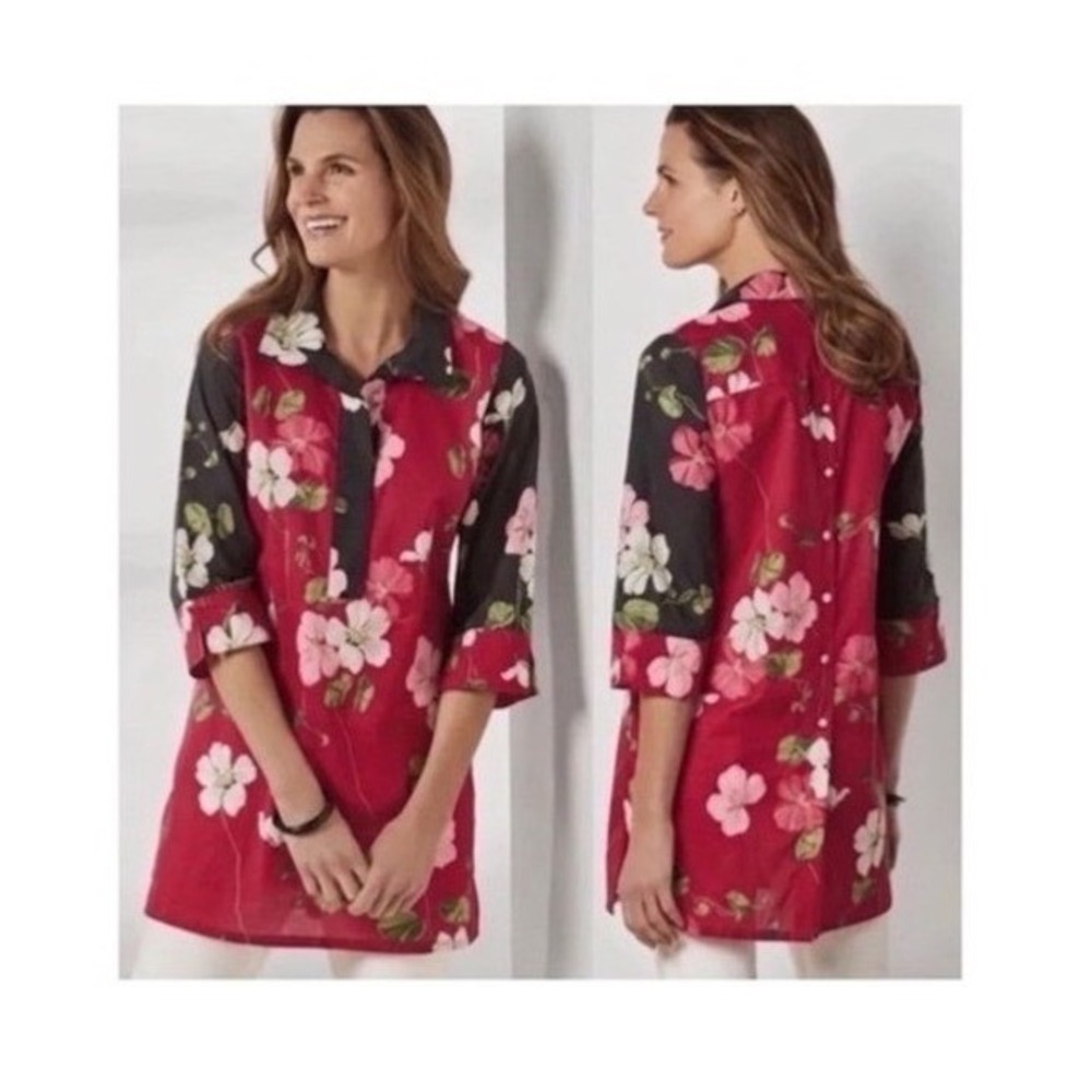 Soft Surroundings Pink Floral Cotton Tunic Top Shirt M Preppy Garden Party Boho